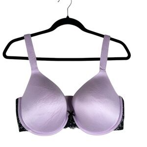 Cacique Lavender Black Lace Lightly Padded Satin Classic T-Shirt Bra Size 38DDD